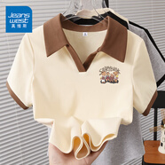 真維斯（JEANSWEST）polo領(lǐng)短袖t恤女夏季2025新款設(shè)計(jì)感翻領(lǐng)撞色上衣學(xué)院風(fēng)純棉體恤 米撞棕 復(fù)古故事書_K M