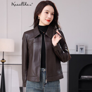 卡搭品牌正宗真皮皮衣女頭層綿羊皮油蠟皮夾克短款外套女高級秋冬新款 咖色 3XL （參考體重：141-155斤）