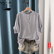 弄堂里韓版文藝小立領(lǐng)顯瘦豎條紋蝙蝠袖襯衫 夏季新款寬松大碼套頭上衣 深藍色條紋 均碼