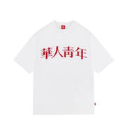 華人青年官方艦旗夏季刺繡貼布短袖潮牌純棉男女重磅寬松國潮潮流情侶體恤 白色LOGO刺繡體恤白色LOGO刺繡 S (155-165)/40-50KG