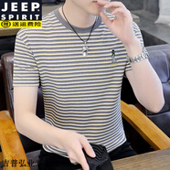 JEEP SPIRIT2025夏季新款男士短袖T恤男棉質(zhì)圓領(lǐng)條紋潮牌半截袖體恤男裝短袖t 灰色 M (適合85-100斤)