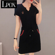 LPOX有口袋200斤短袖連衣裙女中長款遮肚小個(gè)子運(yùn)動休閑裙夏 黑色 3XL _建議150-165斤