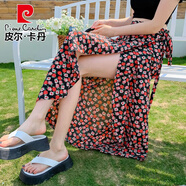 皮爾卡丹（pierre cardin）一片式雪紡半身裙女夏季2025新款高腰系帶碎花長(zhǎng)裙子度假開叉裹裙 黑色紅 8135#黑底紅報(bào)春花 2XL 建議130-140斤