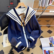 AEMAPE小熊毛衣開衫女外套2025春新款女裝衣服寬松溫柔秋冬季針織上衣 藏青色E款 均碼 (80-140斤拍)