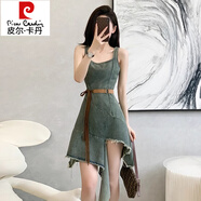 皮爾卡丹（pierre cardin）美式不規則吊帶牛仔連衣裙女夏季2025夏裝新款收腰顯瘦女士短裙子 藍色 S [95斤以下]