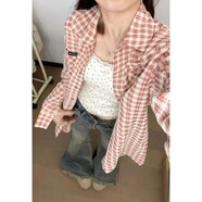 HUALIN FASHION森系橘色格紋襯衫女風(fēng)顯瘦長袖襯衣 橘格 S 建議80-95斤