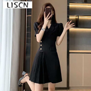 LISCN法式小香風(fēng)白色連衣裙夏季女裝裙子新款夏氣質(zhì)顯瘦百褶西裝裙女 黑色 1236# M 【建議100斤內(nèi)】
