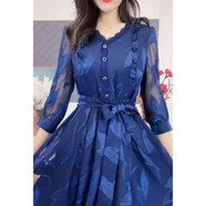 永恒都市廣州十三行高端女裝連衣裙2025新款夏季洋氣網(wǎng)紗v領(lǐng)時尚中長裙 藍(lán)色 M (建議85-105斤)
