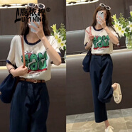 鹿依檸休閑褲女裝套裝2025新款韓版時(shí)尚百搭簡(jiǎn)約氣質(zhì)顯瘦通勤風(fēng)闊腿褲子 米白上衣+藏青褲子 M