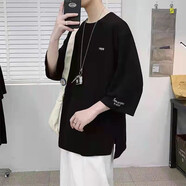 七分袖冰絲t恤男款短袖夏季薄款寬松大碼垂感中袖2024新款體恤衫 冰絲02七分袖【黑】 L
