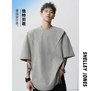 Shelley Jones 活頁剪裁短袖t恤男夏季美式高街解構(gòu)圓領(lǐng)半袖潮牌設(shè)計感寬松體恤 淺灰色 XL [推薦120-140斤]