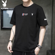 花花公子（PLAYBOY）短袖T恤男潮流2025春夏季男士體恤打底衫圓領(lǐng)上衣男裝 黑色 XL