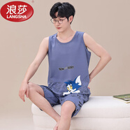 浪莎（LangSha）睡衣男款背心無(wú)袖短褲兩件套裝夏天薄款冰絲涼感速干球服大碼學(xué)生 純棉背心 Q1367中灰蘭貓 2XL 男【145-165斤】