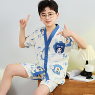 兒童睡衣男童云朵棉夏季短袖薄款家居服男孩4-15中大童空調服套裝 G1314#男童開(kāi)衫短袖【蛋仔】 158 【20碼建議150-158cm】