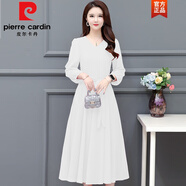 皮爾卡丹（pierre cardin）春夏長(zhǎng)袖連衣裙長(zhǎng)款腰帶雪紡大擺裙顯瘦V領(lǐng)純色廣場(chǎng)舞中年媽媽裙 白色 2XL 130-145斤