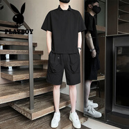 花花公子（PLAYBOY）休閑運動套裝男士夏季冰絲薄款潮牌透氣短袖工裝短褲涼感搭配一套 TZ1988  黑色 2XL 145-160斤