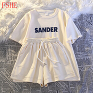 FSHE秋季短袖短褲套裝女寬松顯瘦顯白舒適休閑運動(dòng)服套裝兩件套外穿潮 奶油杏 L 【建議110-125斤】