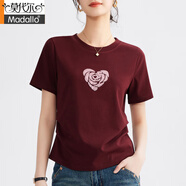 莫代爾趣味愛(ài)心刺繡白t寬松百搭T恤女2026夏季舒適休閑簡(jiǎn)約圓領(lǐng)短袖上衣 安可拉紅 M