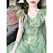 漫蔻依2025年夏季新款森系甜美清新公主裙v領(lǐng)連衣裙女學(xué)生 綠色蝴蝶連衣裙 XL