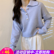 歐貝汐polo領(lǐng)打底毛衣女春秋新款寬松慵懶風(fēng)設(shè)計(jì)感小眾短款針織上衣內(nèi)搭 藍(lán)色 均碼