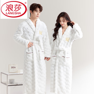 浪莎（LangSha）睡袍睡衣女冬季加厚法蘭絨浴袍春秋加絨加長(cháng)款男士情侶珊瑚絨浴衣 提花睡袍方格白色 2XL 女款號 建議140-160斤
