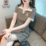 AEMAPE小個子半開領(lǐng)修身條紋短袖連衣裙女夏2025新款不規(guī)則a字短裙 黑色 L 建議 100-115 斤