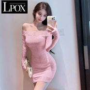 LPOX女裝一字肩蕾絲連衣裙女新款修身顯瘦氣質(zhì)欲長(zhǎng)袖包臀裙 粉色帶彈力軟糥優(yōu)質(zhì)版 S [S建議80-90斤]