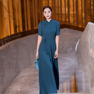 首尚格釋夏季藍(lán)色連衣裙女2025年新款優(yōu)雅復(fù)古新中式立領(lǐng)雪紡氣質(zhì)大擺裙子 湖藍(lán)色 2XL