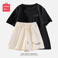 名創(chuàng)優(yōu)品（MINISO）運(yùn)動(dòng)套裝女夏季2025年新款純棉短袖小個(gè)子休閑夏裝搭配一整套女裝 黑色+奶白(幸運(yùn)愛心) L 165(顯瘦遮肚子)