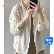 JZDZ夏日輕薄開(kāi)衫一?？鄞合捻n系寬松百搭七分袖上衣薄款圓領(lǐng)開(kāi)衫外套 米色 M 建議90-105斤