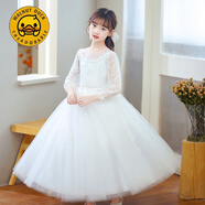 G.DUCKKIDS女童秋季禮服裙刺繡網(wǎng)紗蓬蓬裙晚禮服晚宴裙長(cháng)袖長(cháng)褲連衣裙演出服 白色 130 cm