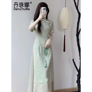 丹珠娜（DanZhuNa）黃色新中式連衣裙夏季新款國風復古改良旗袍年輕氣質長裙子女夏天 綠色（無飾品） S