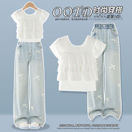 OVE女童夏裝套裝2025新款兒童夏季洋氣休閑短袖女大童夏天韓系牛仔褲 13181藍色+18988白色 170 cm