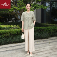 俞兆林（YUZHAOLIN）中年媽媽裝時尚洋氣夏季短袖套裝2025新款中老年女裝新中式兩件套 綠色+米色棉麻褲 XL 【建議90-110斤左右】