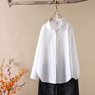 暖喬全棉長袖襯衣女春秋新款糖果色寬松文藝復(fù)古休閑純棉襯衣開衫外套 白色 M （100-115斤）