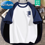 A 21 FUNB短袖男夏季2025新款純棉t恤潮牌男生體恤青少年初中生學(xué)生半袖潮 藏青衣(神秘海胸標) 190 3XL 適合165-185斤
