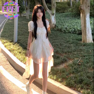 EPET方領(lǐng)法式泡泡袖小眾設(shè)計(jì)感前短后長連衣裙不規(guī)則裙擺小個(gè)子仙女裙 白色連衣裙 M 90-105斤