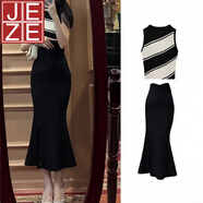 JEZE2025夏季新款女干練氣質(zhì)女裝套裝夏季鹽系輕熟半身裙兩件套裝女 條紋無(wú)袖上衣 【單件】 L 100-109