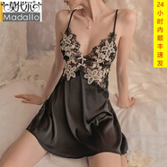 莫代爾 性感睡衣女帶胸墊薄款冰絲蕾絲性感情趣心機誘惑鏤空純欲深V吊帶睡裙冰感絲女夏2022新款家居服 黑色單吊帶 L 105-120斤