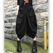 賢語(yǔ)大碼2025夏季新款個(gè)性口袋韓版潮流闊腿吊襠褲低襠褲垮褲七分女褲 黑色 M 【90-115斤】