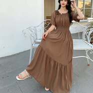 皮爾卡丹夏棉綢純色碎花裙波西米亞海邊度假連衣裙修身顯瘦一字領(lǐng)收腰長(cháng)裙 淺咖 精美花朵款 2XL 建議121-130斤