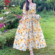 皮爾卡丹（pierre cardin）日系甜美溫柔風(fēng)碎花長裙子夏季大碼胖mm收腰顯瘦雪紡連衣裙女減齡 花色 XL 【120-140斤】
