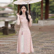 木清清蕾絲旗袍年輕款少女日常夏季文藝民國(guó)風(fēng)高端繡花收腰奧戴連衣裙子 粉紅色 M