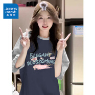 真維斯（JEANSWEST）插肩短袖女款夏季多巴胺穿搭2025新款爆款甜美拼接撞色潮流t恤女 麻灰 浪漫櫻花呀 S