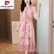 皮爾卡丹（pierre cardin）法式甜美燈籠袖碎花連衣裙女春夏季新款收腰顯瘦海邊度假真絲裙子 廣東十三行粉紅色高質(zhì)量 2XL