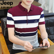 JEEP SPIRIT吉普2025夏季男短袖T恤純棉翻領條紋青年polo衫潮流休閑時尚半袖 紅色 M