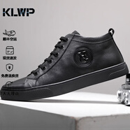 KLWP香港2025夏季新款高幫真皮純色男板鞋耐磨厚底休閑皮鞋二棉鞋 黑色品牌男鞋 38