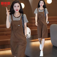 麗依歆牛仔背帶裙女假兩件連衣裙夏天女裝2025新款寬松收腰小個(gè)子裙子 咖色 L 【85-108斤】
