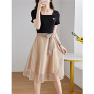 尚靜連衣裙女夏季2026新款女裝拼接撞色優(yōu)雅氣質(zhì)方領(lǐng)中長(cháng)款短袖裙子女