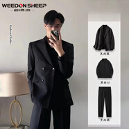 威登羊春秋季英倫風(fēng)男士寬松雙排扣小西裝外套韓版時(shí)尚商務(wù)正裝西服套裝 西服外套+黑襯衫+黑西褲【三件 XL
